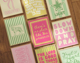 Trendy Christian Wall Art Set of 9: Girly Colorful Bible Verse Prints, Maximalist Scripture Wall Art, Eclectic Christian Home Decor for Dorm