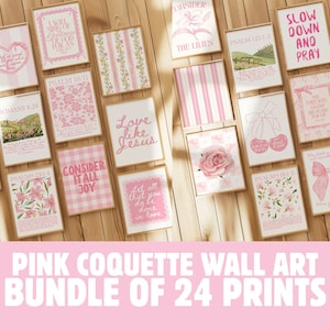 Pink Coquette Christian Wall Art Bundle of 24: Trendy Floral Bible Verse & Scripture Prints