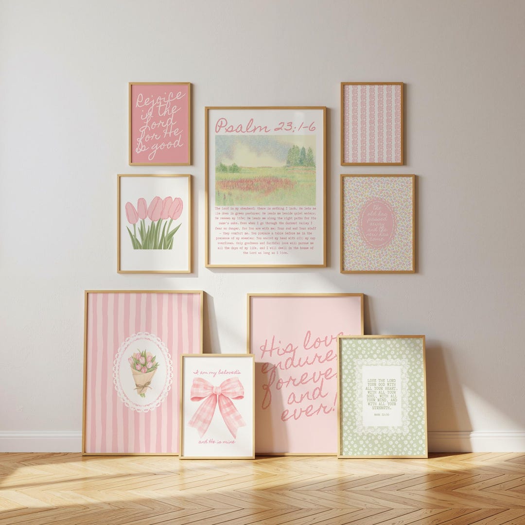 Pink Coquette Christian Wall Art Set of 9: Bible Verse & Scripture ...
