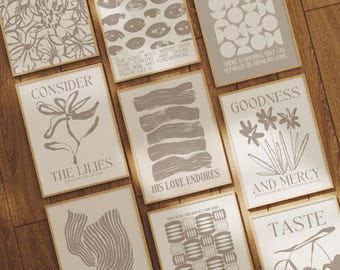 Neutral Christian Print Set of 9: Minimalist Bible Verse Wall Art, Beige Scripture Prints, Abstract Wall Art, Brown Christian Home Decor