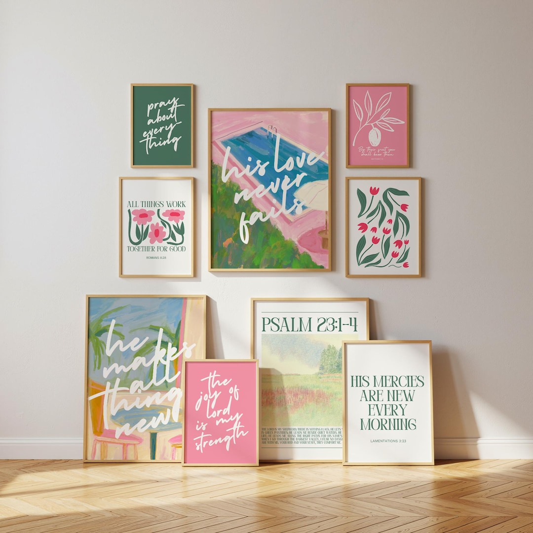 Pink Christian Wall Art Set of 9: Modern Colorful Scripture Wall Art ...
