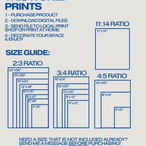 May include: A light beige print size guide with blue text. The guide includes ratios of 2:3, 3:4, 4:5, and 11:14, with corresponding dimensions in inches. Text includes "NOT OF THIS WORLD PRINTS" and "ALL ART BELONGS TO HIM."