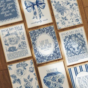 Juego de arte de pared cristiano con coqueta azul de moda para 9 personas: decoración cristiana imprimible para el hogar, arte de pared elegante, arte de pared chinoiserie para guardería.