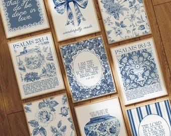 Trendy Christian Wall Art Set of 9: Blue Coquette Wall Art, Minimalist Bible Verse Prints, Chinoiserie Prints, Blue Striped Nursery Wall Art