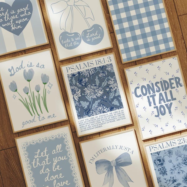 Juego de 9 impresiones cristianas de Blue Coquette: impresiones de versículos bíblicos de moda, arte mural con escrituras florales, impresiones de guardería con cuadros azules, arte minimalista
