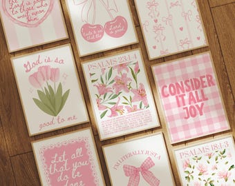 Set di 9 stampe murali cristiane Pink Coquette: stampe di versetti biblici alla moda, stampe murali floreali con scritture, decorazioni per la casa cristiane femminili, stampe per la cameretta dei bambini