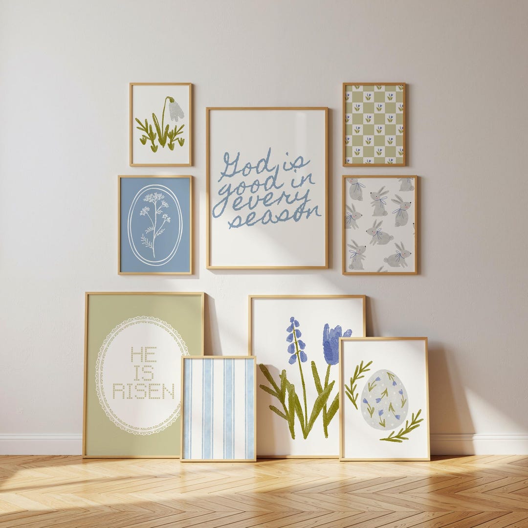 Christian Easter Wall Art Set of 9: Spring Bible Verse Prints, Blue ...