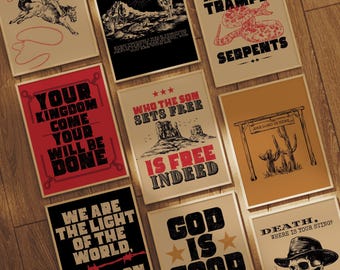 Western Christian Wall Art Set of 9: Rustic Prints, Cowboy Scripture Wall Art, Farmhouse Wall Art, Christian Men Prints, Brown Home Decor