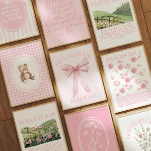 Lot de 9 oeuvres d&#39;art murales pour chambre de bébé chrétienne rose poudré : décoration d&#39;intérieur chrétienne oeuvre d&#39;art murale confortable, impressions cottagecore oeuvre d&#39;art murale coquette rose pour enfants