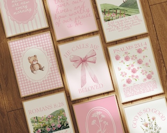 Set di 9 stampe rosa per la cameretta dei bambini cristiana: stampe murali con versetti della Bibbia e scritture a quadretti Coquette, stampe primaverili per la cameretta delle bambine, stampe murali minimaliste