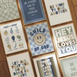 Boys Christian Wall Art Set of 9: Kids Homeschool Prints, Boy Nursery Wall Art, Modern Children's Scripture Prints, Blue Bible Verse Prints