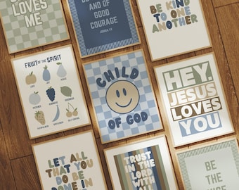 Boys Christian Wall Art Set of 9: Kids Homeschool Prints, Boy Nursery Wall Art, Modern Children's Scripture Prints, Blue Bible Verse Prints