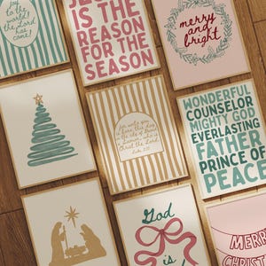 Trendy Christian Christmas Wall Art Set of 9: Pink & Blue Christmas Scripture Prints, Christmas Bible Verse Prints, Maximalist Printable