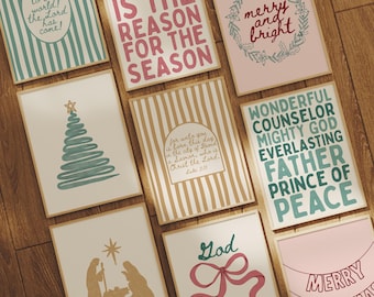 Trendy Christian Christmas Wall Art Set of 9: Pink & Blue Christmas Scripture Prints, Christmas Bible Verse Prints, Maximalist Printable