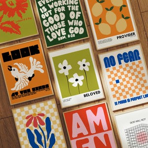 Trendy Christian Wall Art Set of 9 Colorful Scripture Wall Art Eclectic Christian Prints Digital Download Christian Maximalist Home Decor