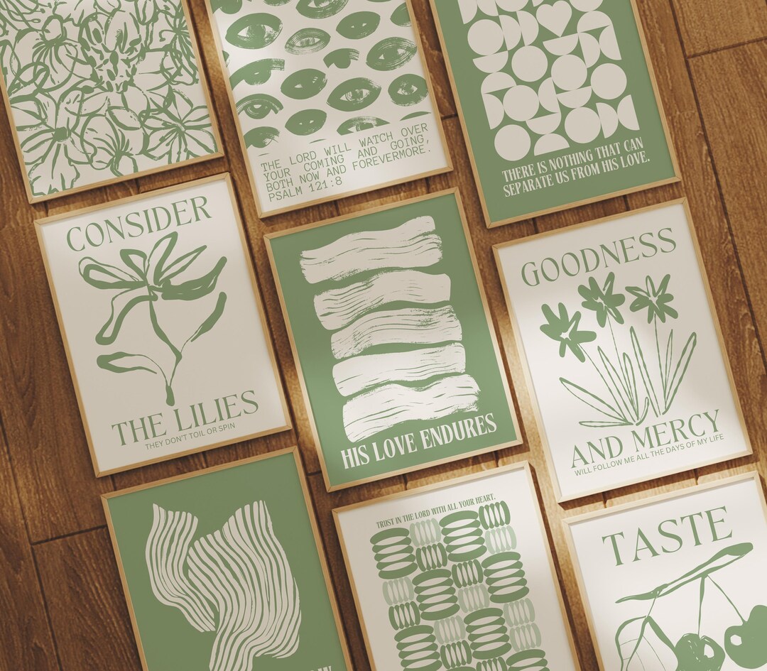 Trendy Sage Green Christian Wall Art Set of 9: Modern Scripture Prints ...