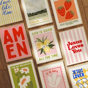 Trendy Christian Wall Art Set of 9 Colorful Scripture Wall Art Eclectic Christian Prints Digital Download Christian Maximalist Home Decor