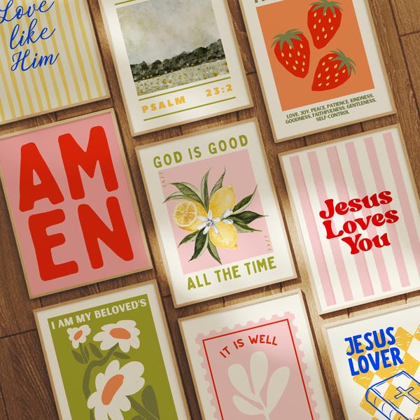 Trendy Christian Wall Art Set of 9: Bible Verse & Scripture Maximalist Prints, Eclectic Wall Art, Colorful Prints, Striped Wall Art for Dorm