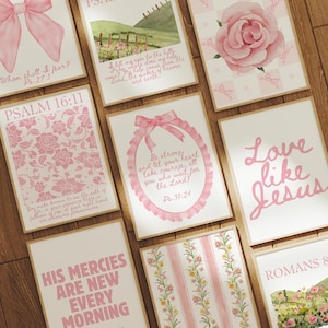 Pink Coquette Christian Wall Art Bundle of 9: Printable Floral Bible Verse Home Decor