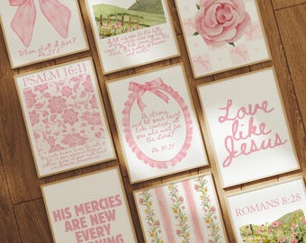 Set di 9 stampe murali cristiane alla moda: stampe rosa Coquette, stampe murali floreali con versetti della Bibbia, stampe femminili con versetti della Bibbia, decorazioni a righe per la cameretta dei bambini per lei