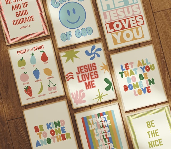 Kid's Christian Wall Art Set of 9: Trendy Homeschool Classroom Scripture Verse Children's Prints, Colorful Wall Art, Sunday School Prints