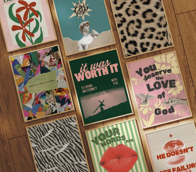 May include: A set of nine colorful posters with various designs and inspirational quotes. The posters feature a variety of styles, including abstract, geometric, and typographic. Some of the quotes include "It was worth it to spend an eternity with you", "You deserve the love of God", and "Your words are".