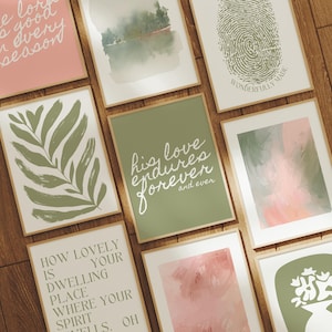 Trendy christelijke muurkunst Set van 9: saliegroen en roze minimalistische boho-afdrukken met schrift