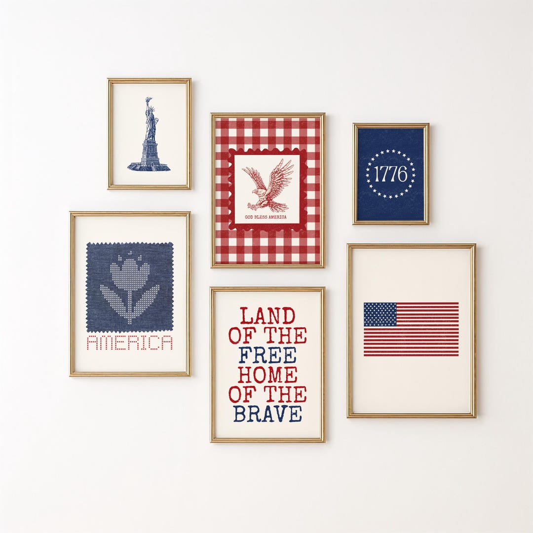 Vintage Fourth of July Wall Art Set of 6: Patriotic Flag Print, Rustic ...