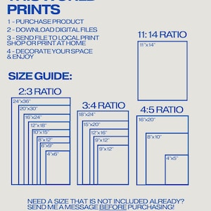 May include: A light beige print with blue text and diagrams. The text reads "NOT OF THIS WORLD PRINTS" and provides instructions for purchasing and printing digital files. Size guides for various ratios are also displayed, including 2:3, 3:4, 4:5, and 11:14.
