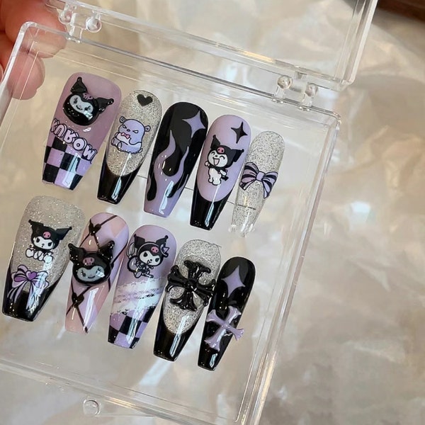 Anime Inspired Press on Nails, Black and Purple Cool Nails, Stick on Nails, Fake Nails, Handmade Nails, Acrylic Press on Nails, Gift for her