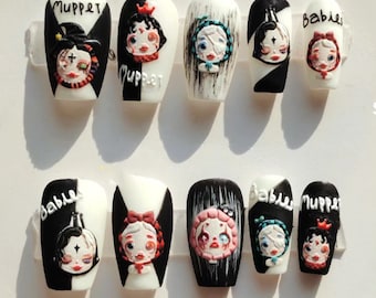 Goth Press on Nails, Black and White Cute Girls Y2k Cool Nails, Stick on Nails, Fake Nails, Handmade Nails Acrylic Nails Gift for her