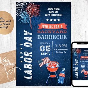 Labor Day Party Invitation | Labor Day BBQ Cookout Editable Template | Patriotic Red White Blue Food Family Fun Instant Download, Digital