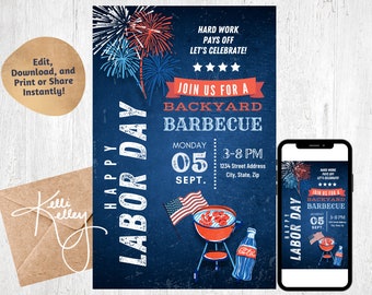 Labor Day Party Invitation | Labor Day BBQ Cookout Editable Template | Patriotic Red White Blue Food Family Fun Instant Download, Digital