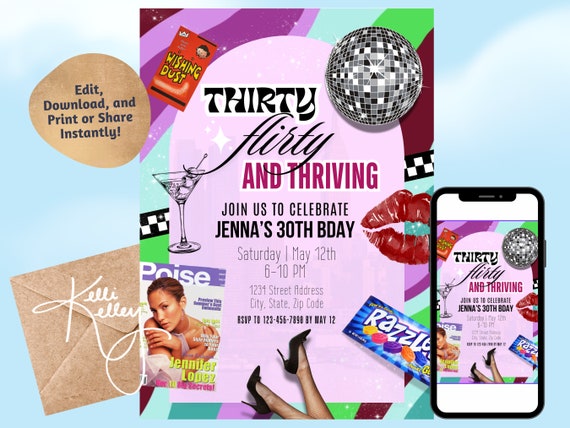 13 Going on 30 Birthday Party Invitation Template, Thirty Flirty and Thriving Jenna Rink Disco 30th Bday Poise Magazine Razzles Invite Edit