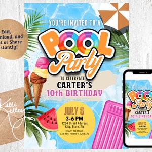 Pool Party Invitation Template, Summer Birthday Pool Invite, Swimming Pool, Swim Party Kids Birthday, Instant Download, Tropical Evite