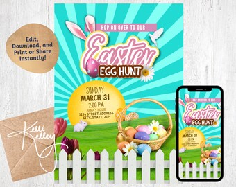 May include: A printable invitation for an Easter egg hunt. The invitation features a basket of colorful eggs, a white picket fence, and a bunny rabbit. The text on the invitation reads "Hop on over to our Easter Egg Hunt" and includes the date, time, and location of the event.