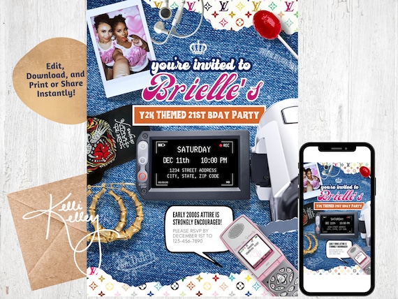 Early 2000s Y2K Themed Party Invitation, Canva Editable Printable Template, Throwback Retro 90s 00s, 2000s Era Birthday Invite, 21st Bday