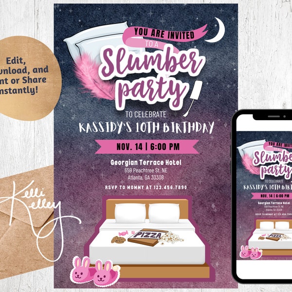 Slumber Party Invitation for Girls, Sleepover Party Invite, Girls Birthday Party EDITABLE Template - Customize, Print or Send