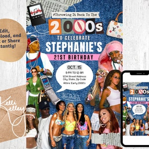 Invitación a fiesta temática de principios de la década de 2000 / Folleto de cumpleaños inspirado en el año 2000 editable e imprimible, descarga digital, retroceso retro de los años 90