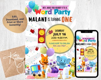 Word Party Birthday Invitation | Baby Girl or Boy Birthday Party Digital Invite - Editable and Printable | Instant Download