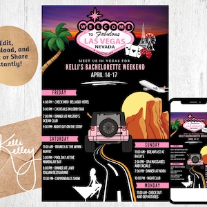 Könnte beinhalten: Ein schwarzer und rosa Junggesellinnenabschiedsplan für ein Wochenendtrip nach Las Vegas, Nevada. Der Reiseplan enthält eine Liste von Aktivitäten für jeden Tag, darunter Poolpartys, Abendessen und Nachtclubs. Das Bild zeigt auch einen rosa Jeep, der eine Straße entlangfährt, mit einem Sonnenuntergang im Hintergrund.