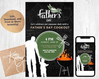 Invitación a la comida al aire libre del Día del Padre Feliz para él / Invitación digital a la fiesta de barbacoa del Día del Padre - Editable e imprimible / Descarga instantánea