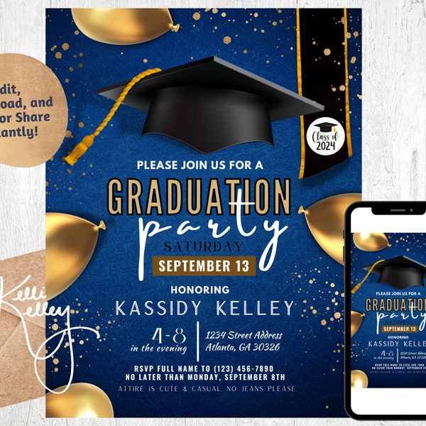 Graduation Party Invitation Template | Printable Class of 2024 Grad Digital Invite, Navy Royal Blue, College High School  | Instant Download