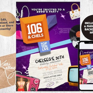 Può includere: Un invito viola per una festa anni 2000 con testo arancione e bianco che recita "106 & CHELS". Include la foto di una donna, una TV vintage, un disco in vinile e uno smartphone.