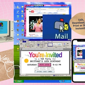 Y2K Early 2000s Party Animated Invitation, Myspace Airbrush Wallpaper Desktop AOL Word Art 90s 00s Invite, y2k aesthetic digital bday invite
