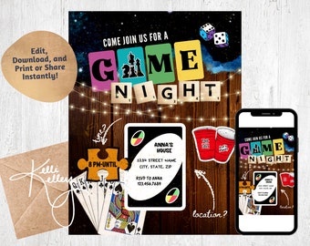 Invitation de partie de nuit de jeu | Famille, amis, invitation numérique de soirée de jeu pour adultes - Téléchargement instantané