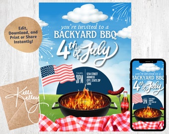 Fourth of July BBQ Party | 4th of July Invitation Template | Independence Day American Party Cookout Editable Invite, Red White Blue Flag