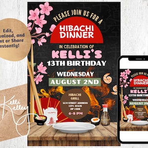 Hibachi Grill Theme Party Invitation | Japanese Cherry Blossom Hibachi Dinner Birthday Party Invite | Custom Instant Download Hibachi Evite