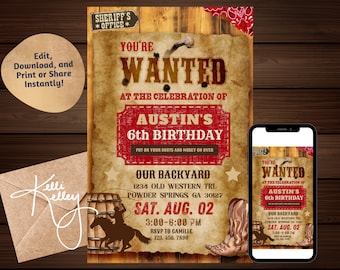 Cowboy Rodeo Western Birthday Party Invitation | WANTED cowboy digital invite- editable and printable | Instant download