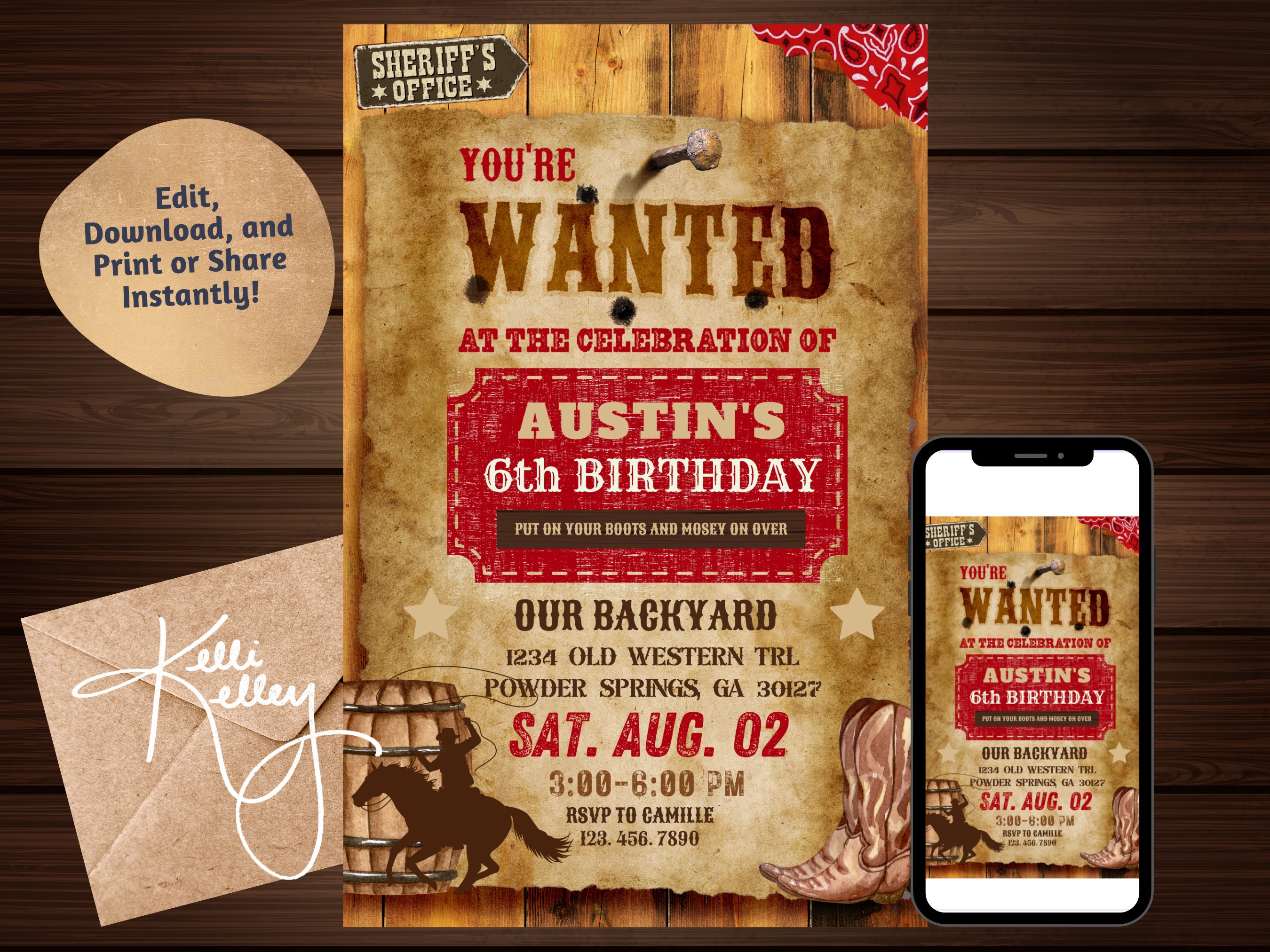Cowboy Rodeo Western Birthday Party Invitation | WANTED Cowboy Digital  Invite- Editable and Printable | Instant Download - Etsy Norway, image size:2700x2025